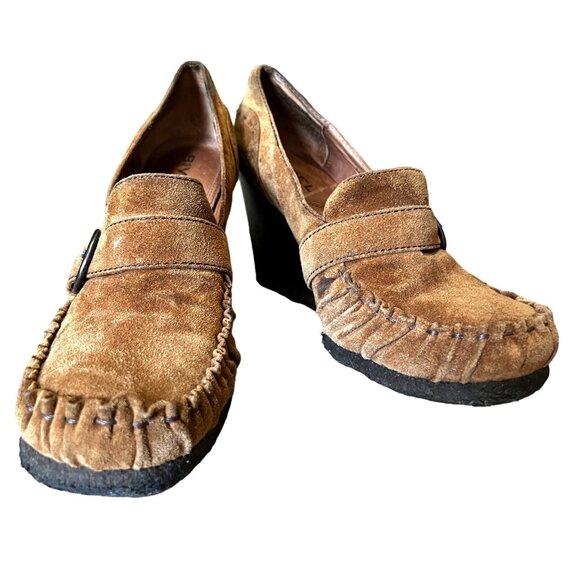 Biviel Brown Leather Wedge Loafers Sz 7 (38 EU) Womens 4" Heel w/ Side Buckle - Picture 5 of 13